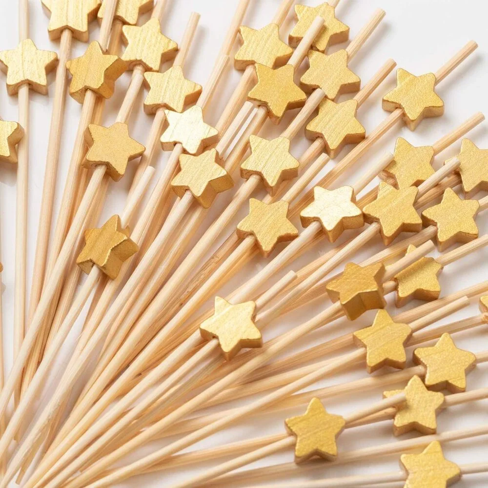 Premium Bamboo Cocktail Picks - 100 Eco-Friendly, Gold Star Sticks for Events